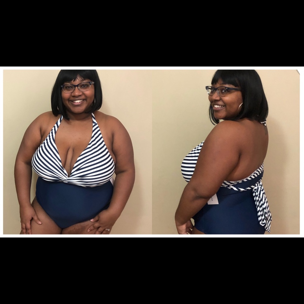 Navy blue and white halter bathing suit